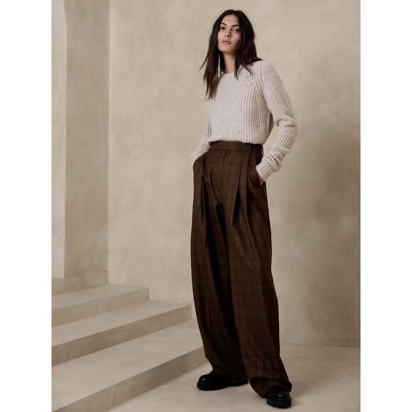 Banana Republic Vasto Wide-Leg Italian Wool Pant Plaid Brown Business Preppy 0 - Picture 2 of 14